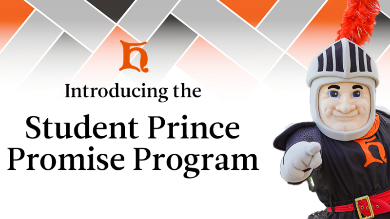 "Introducing the Student Prince Promise Program" with the Siggy the Student Prince Mascot pointing at the viewer