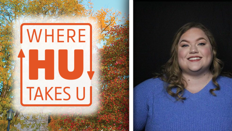 he Where HU Takes U logo (left) and the headshot of Jasmine Ridler (right). Jasmine is a white woman with light brown / blonde curly hair, and she is wearing a blue sweater.