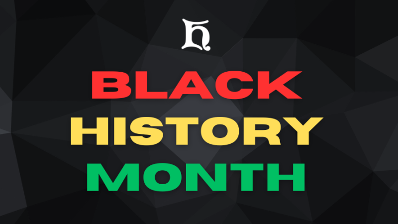 A black geometric background with the Heidelberg logo and text that reads "Black History Month" in red, yellow and green overlayed.